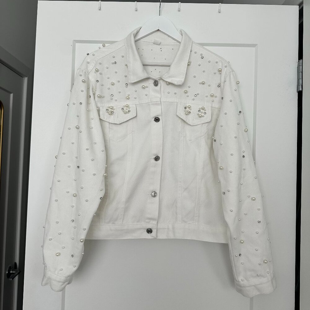 Embellished Plus-Size White Denim Jacket